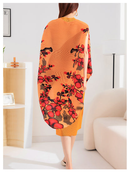 Miyake Pleated O-Neck Sleeveless Midi Dress and Printed Hi-Low Jacket Set