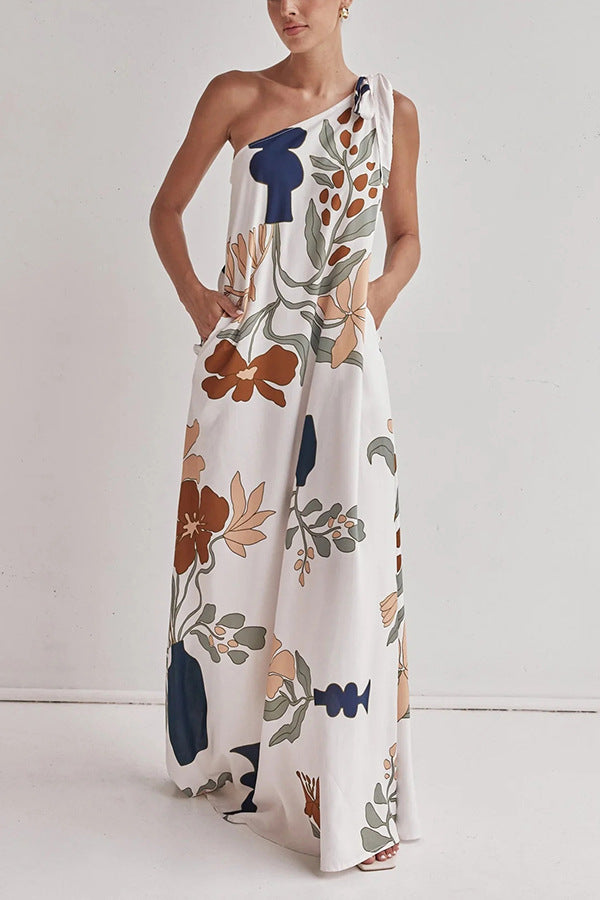 Printed Tied One-Shoulder Maxi Dress