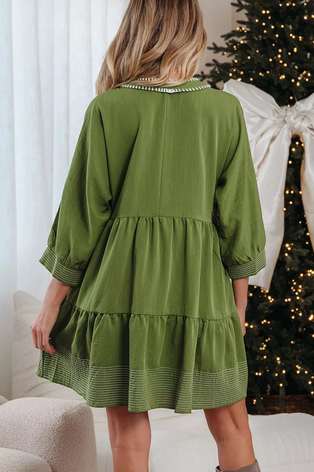 Striped Hem 3/4 Sleeve Tiered Dress