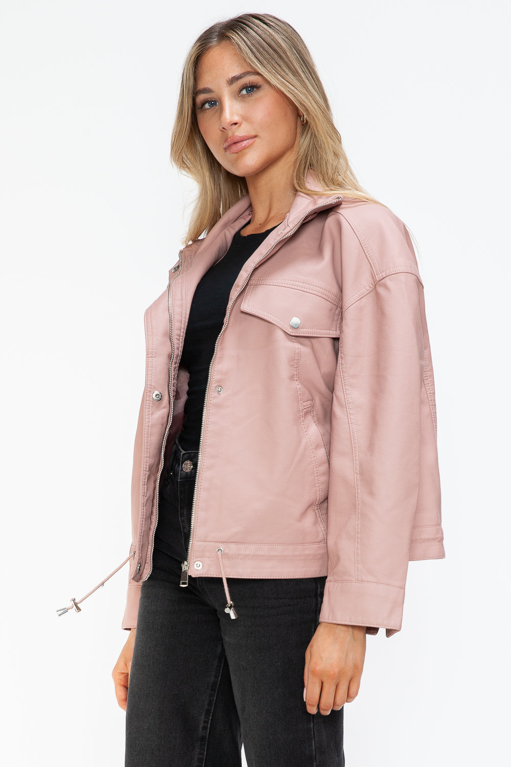 Drawstring Hem PU Leather Zip Up Jacket