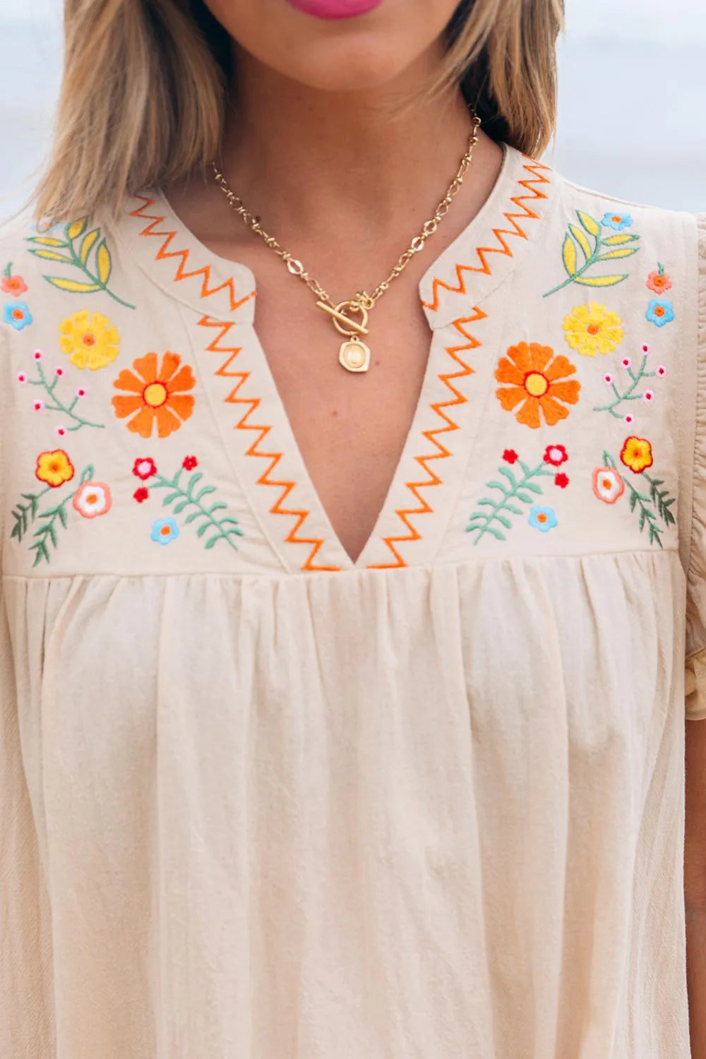 Floral Embroidery Pom Pom Ruffle Sleeves Mini Dress