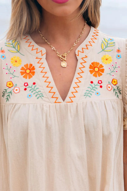 Floral Embroidery Pom Pom Ruffle Sleeves Mini Dress