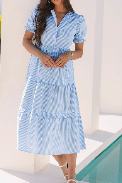 Stripe Bubble Short Sleeve Tiered Scallop Midi Dress