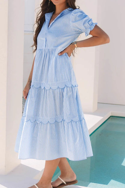 Stripe Bubble Short Sleeve Tiered Scallop Midi Dress