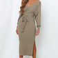 Surplice Neck Bow Waist Slit Sweater Dress