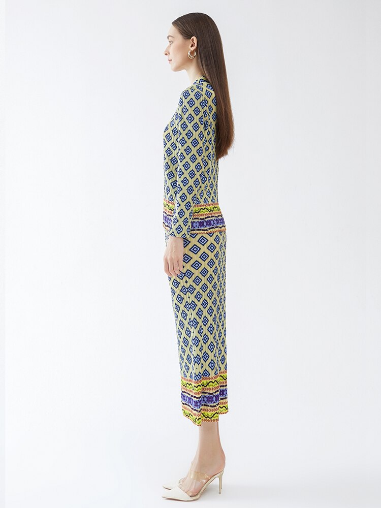Miyake Pleated Vintage Printed Top and Straight Skirt Set