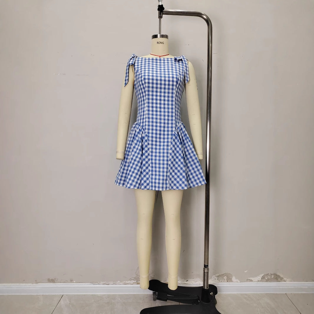 Checkered Tie Shoulder Mini Dress