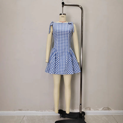 Checkered Tie Shoulder Mini Dress