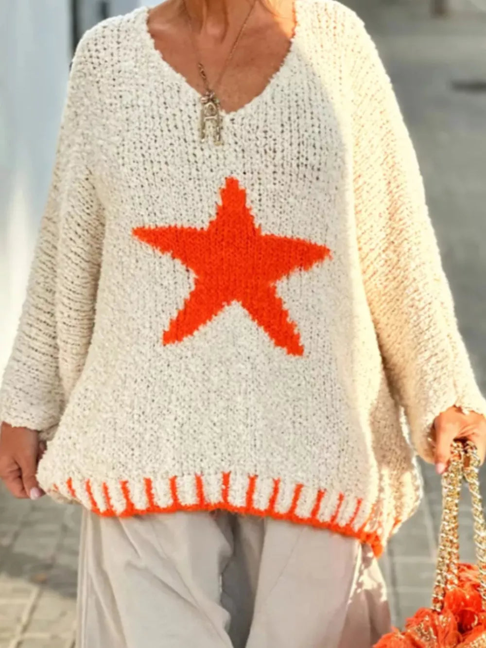 Star V-Neck Long Sleeve Sweater