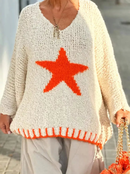 Star V-Neck Long Sleeve Sweater