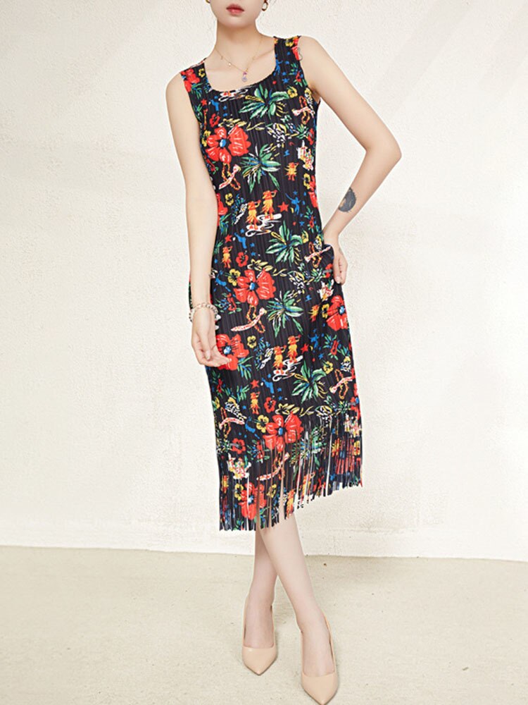 Miyake Pleated Floral Print Fringe Hem Dress