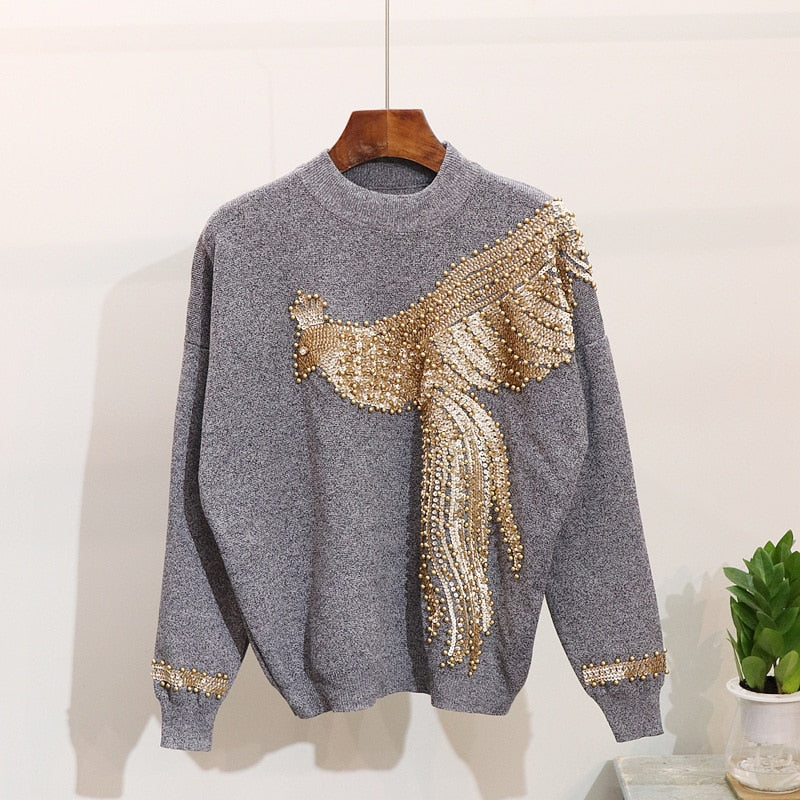 Golden Phoenix Beaded Sequined Knit Sweater & Pants Set