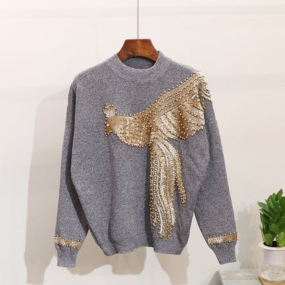Golden Phoenix Beaded Sequined Knit Sweater & Pants Set