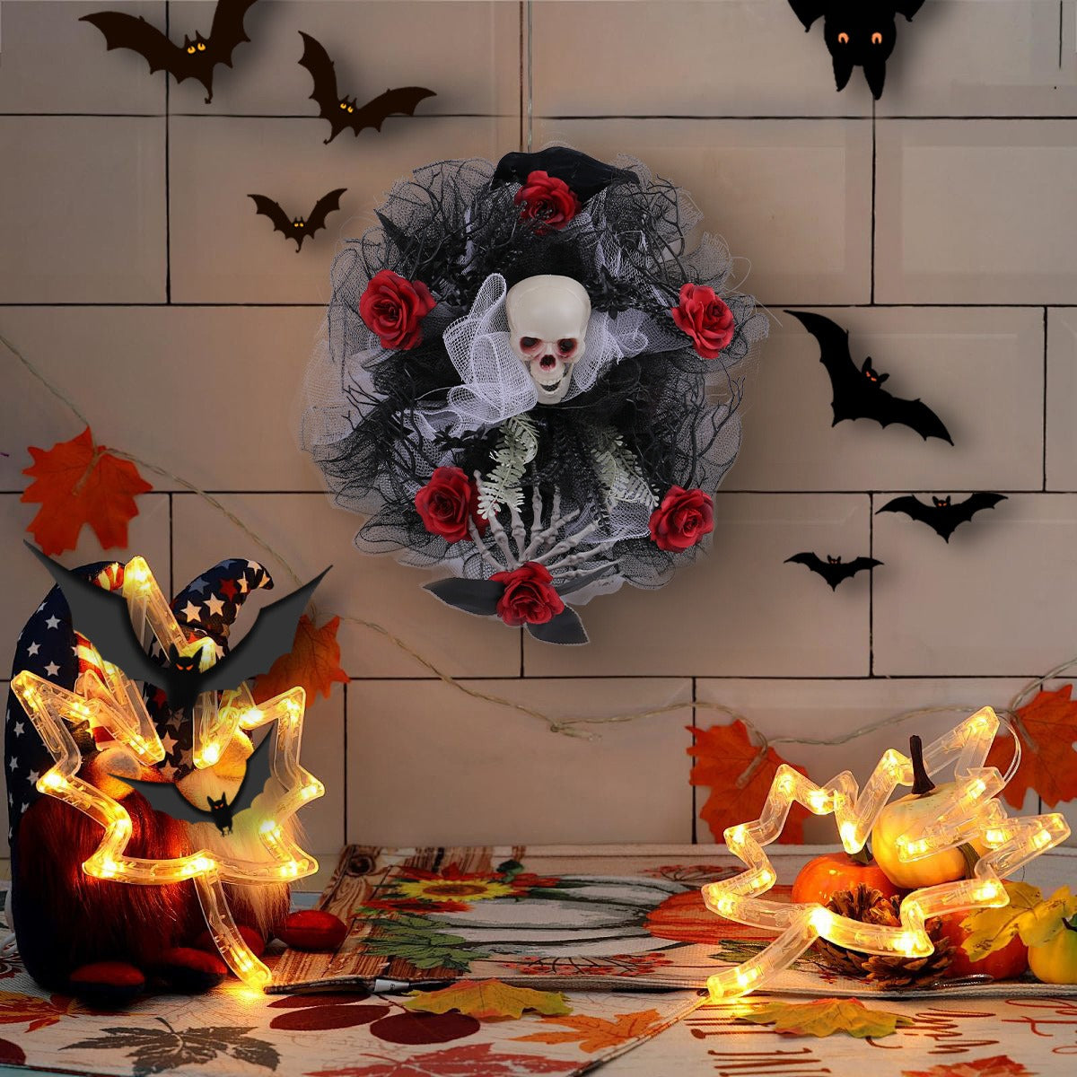 Halloween Red Rose Skull Mesh Door Wreath