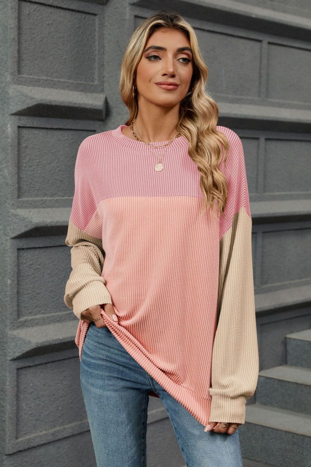 Contrast Round Neck Long Sleeve T-Shirt