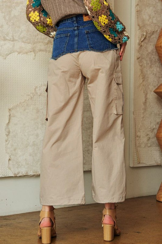 Denim Patchwork Wide Leg Pants with Cargo Pockets