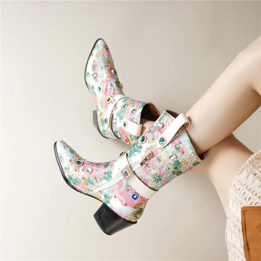 Brocade Pointed Toe Block Heel Boots