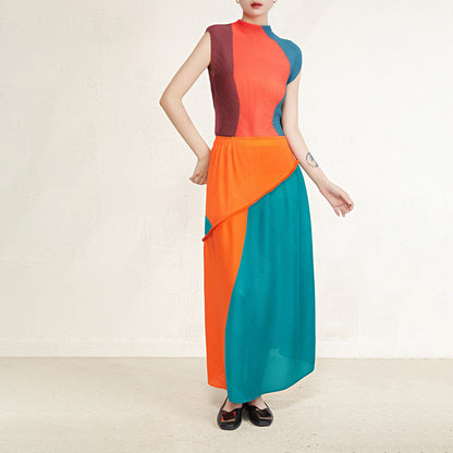 Miyake Pleated Contrast Sleeveless Top and Patchwork Skirt Set