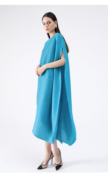Miyake Pleated Asymmetrical Hem Midi Dress