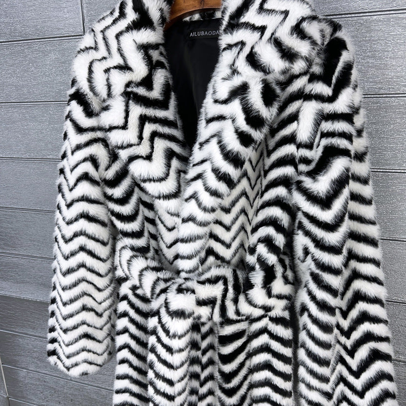 Striped Belted Fluffy Faux Fur Coat