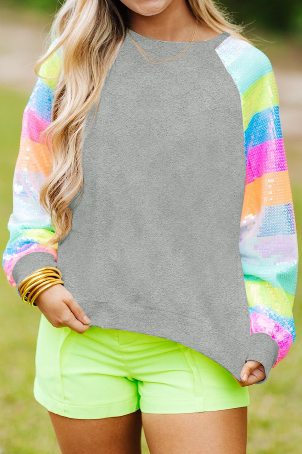 Sequin Round Neck Color Block Sleeve Sweatshirt