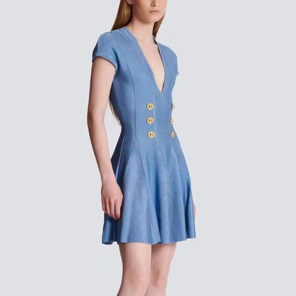 V-Neck High Waisted Knit Mini Dress