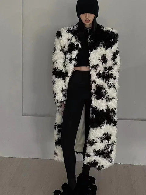 Contrast O-Neck Long Sleeve Faux Fur Coat