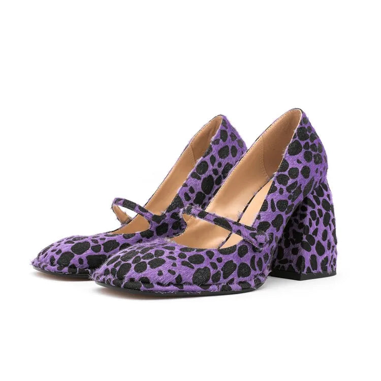 Leopard Square Toe Block Heel Shoes