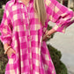 Ruched Plaid Three-Quarter Sleeve Shirt Dress