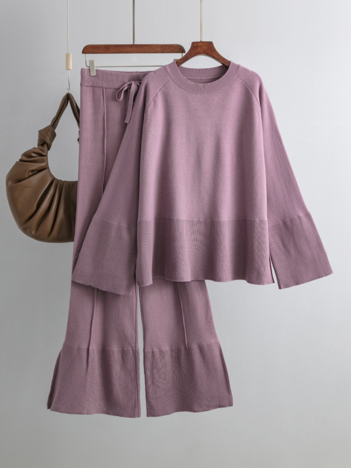 Slit Round Neck Long Sleeve Top and Drawstring Pants Sweater Set