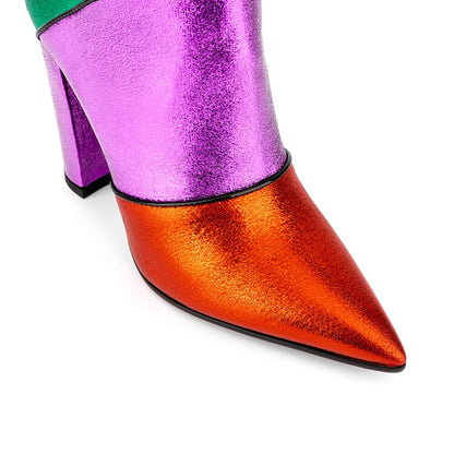 Multicolor Pointed Toe Chunky Heel Knee High Boots