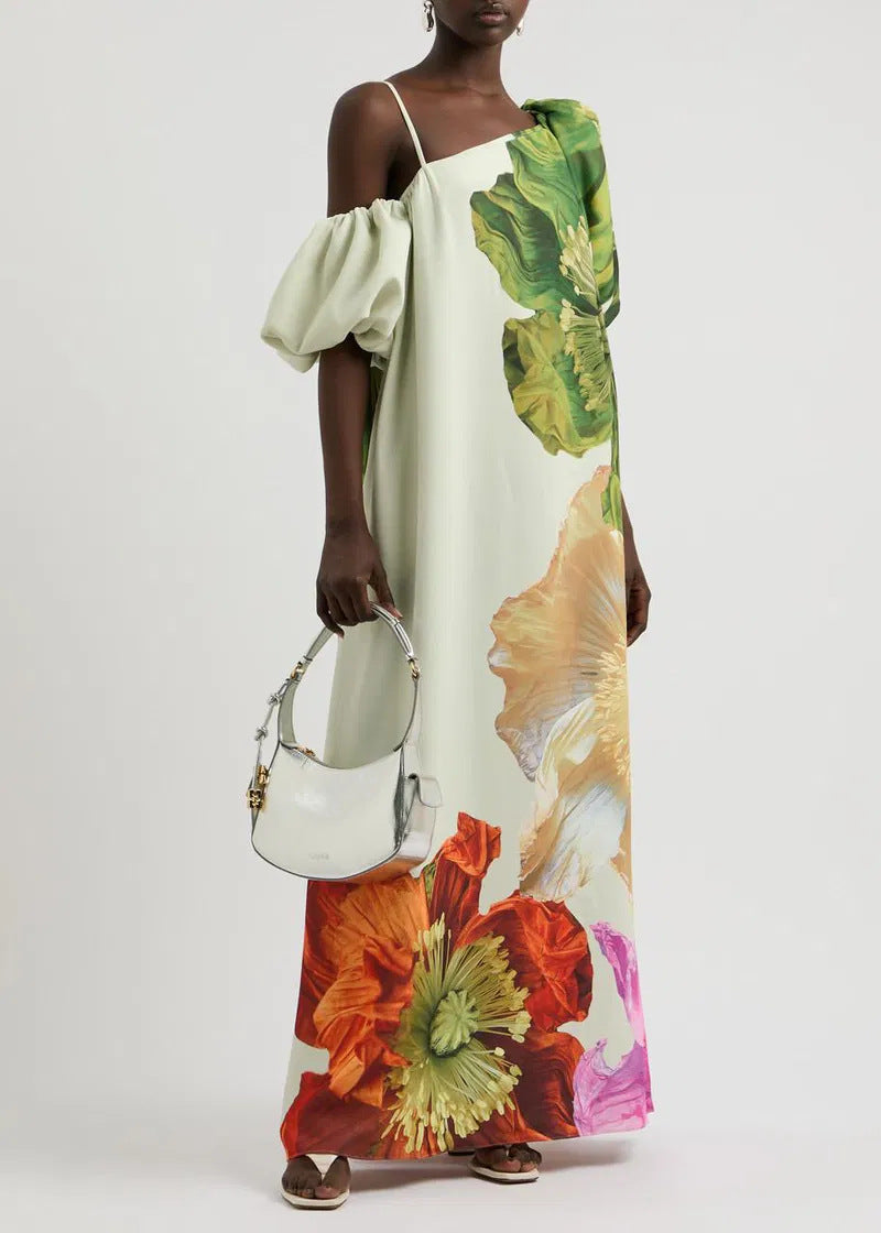 Floral Asymmetrical Neck Balloon Sleeve Maxi Dress
