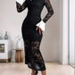 Lace Contrast Collared Neck Long Sleeve Midi Dress