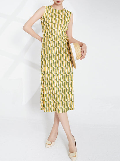 Miyake Pleated Printed Sleeveless Midi Dress