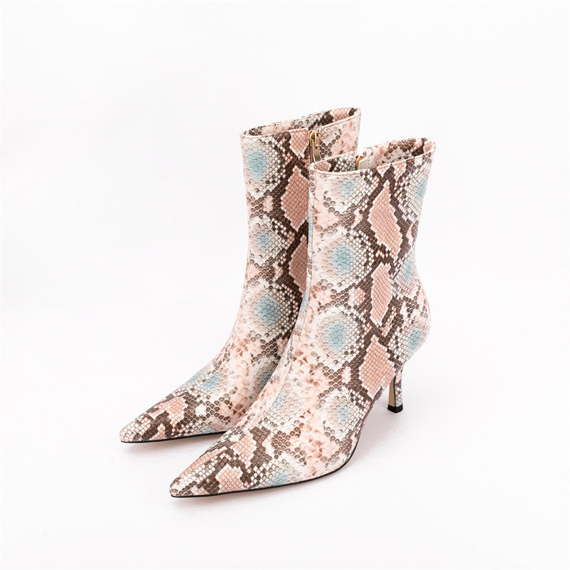 Snakeskin Pointed Toe Thin Heel Ankle-Boots