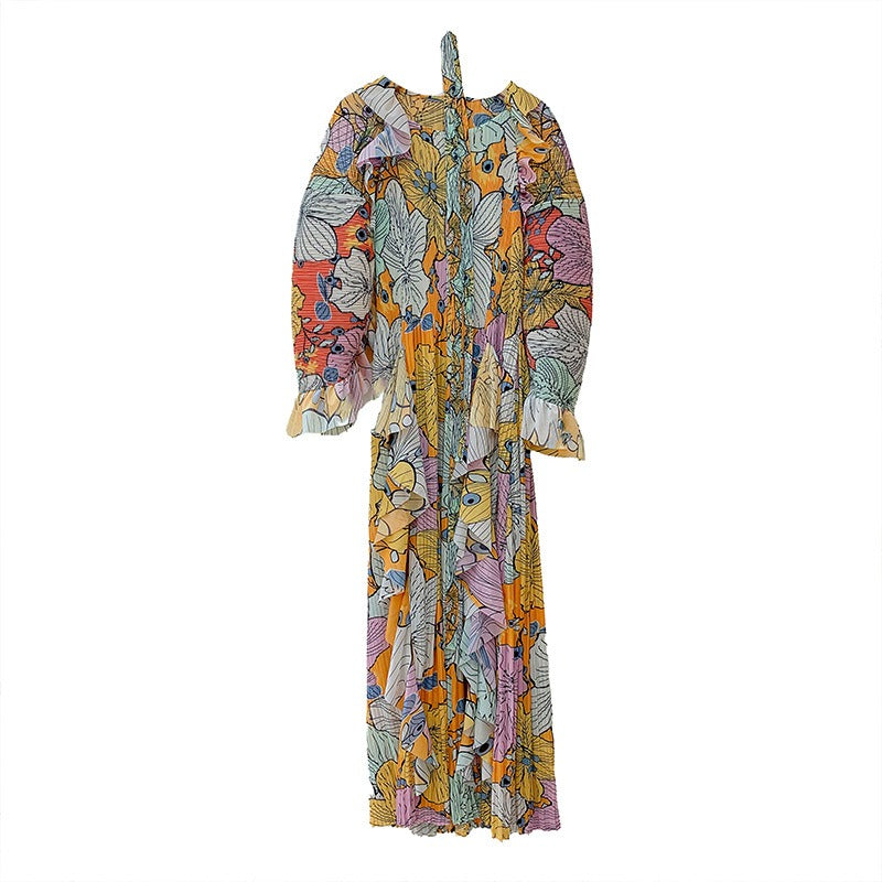 Pleated Ruffled Bat Sleeve Maxi Dress