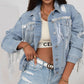 Sequin Fringe Trim Distressed Button Up Denim Jacket