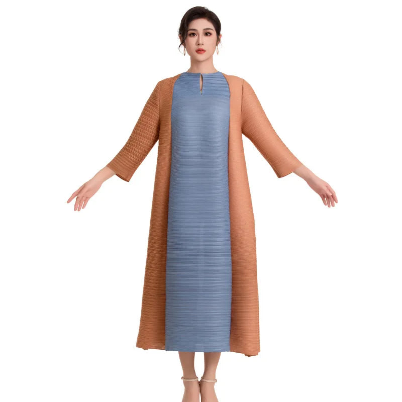 Miyake Pleated Contrast Splice Midi Dress