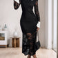 Lace Contrast Collared Neck Long Sleeve Midi Dress