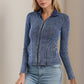 Pocketed Turtleneck Zip Up Denim Top