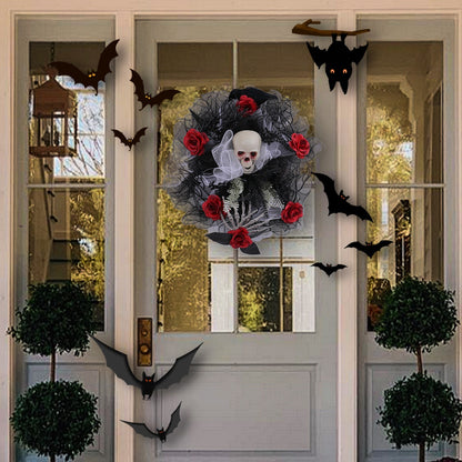 Halloween Red Rose Skull Mesh Door Wreath