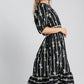 Bow Tie Print Notched Contrast Velvet Trim Midi Dress