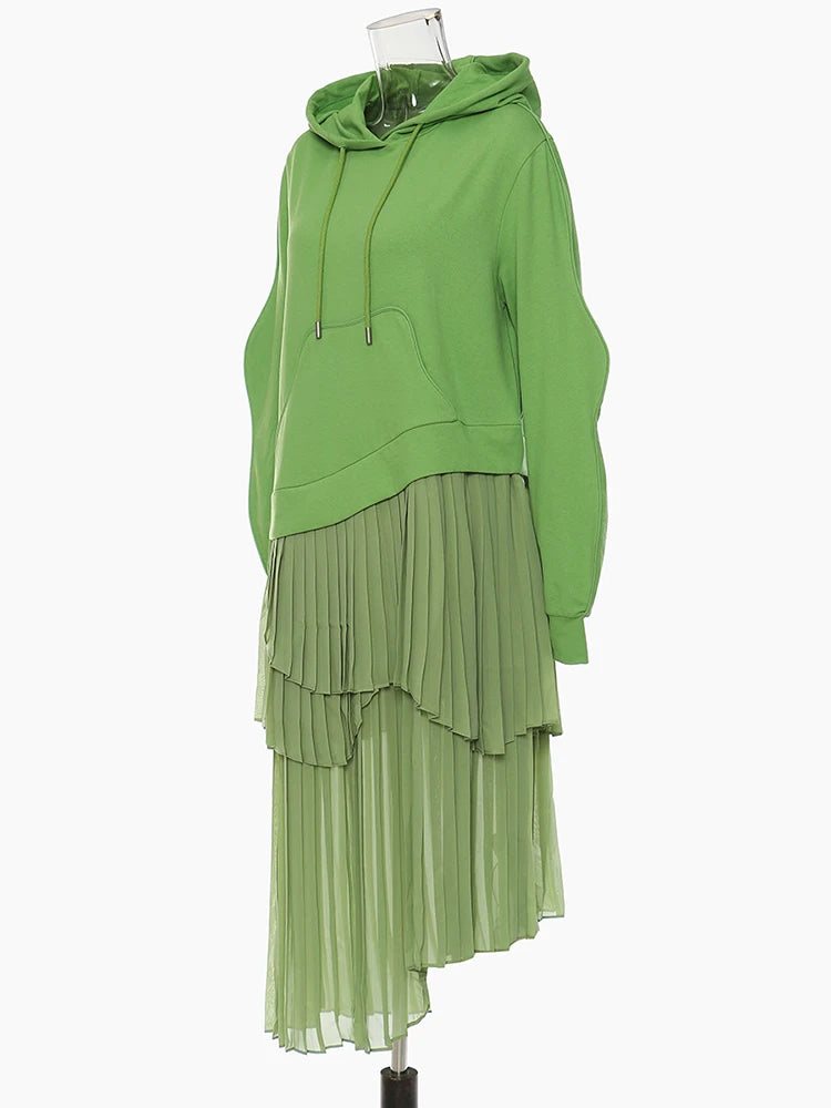 Irregular Pleated Long Sleeve Hooded Midi Dress