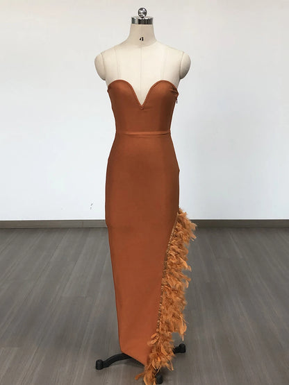 Strapless Bodycon Dress with Feathers