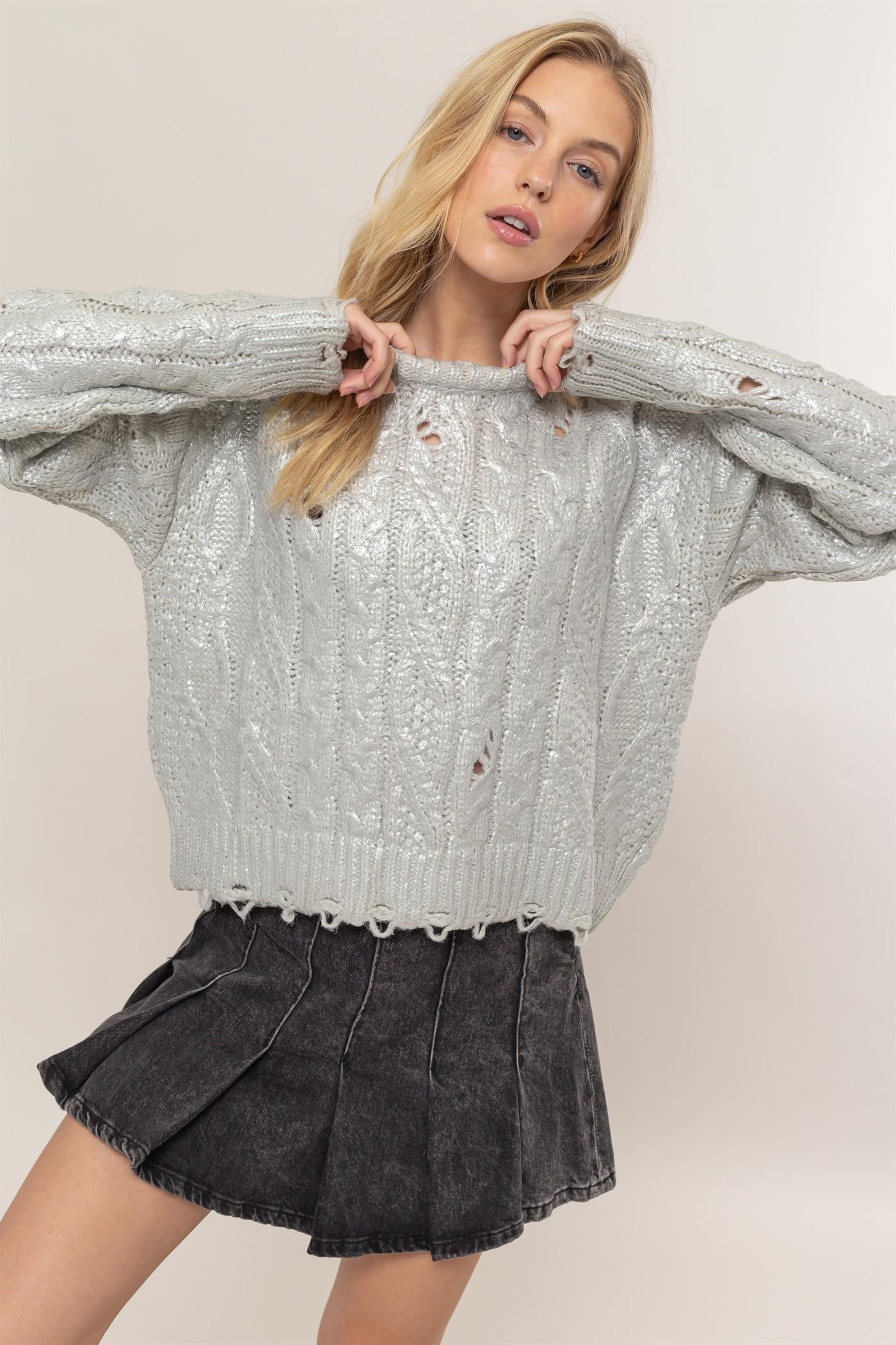 Distressed Cable-Knit Round Neck Long Sleeve Sweater