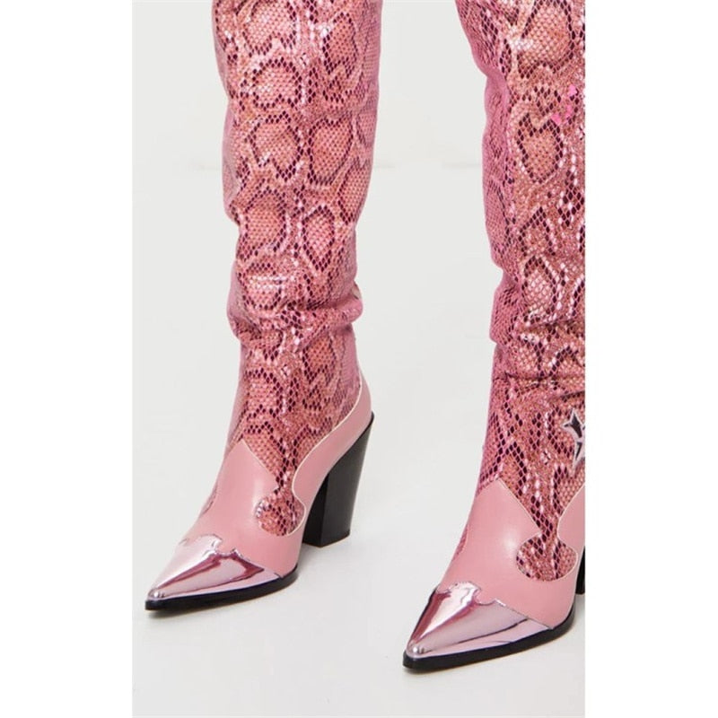 Retro Pink Snakeskin Pointed Toe Over-the-Knee Boots