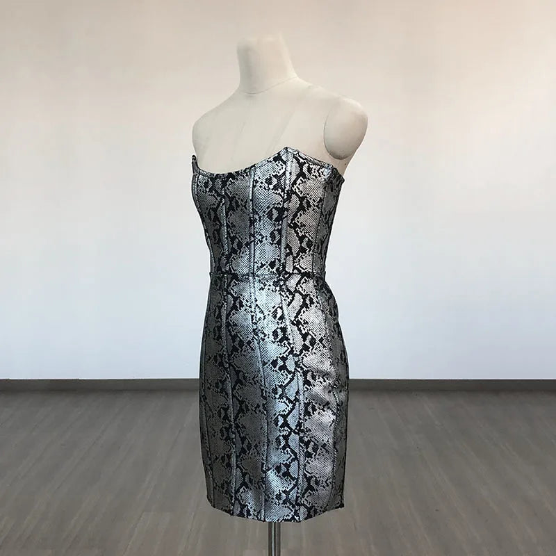 Snakeskin Print Strapless Bodycon Mini Dress