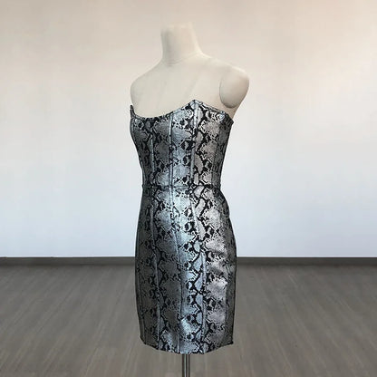 Snakeskin Print Strapless Bodycon Mini Dress