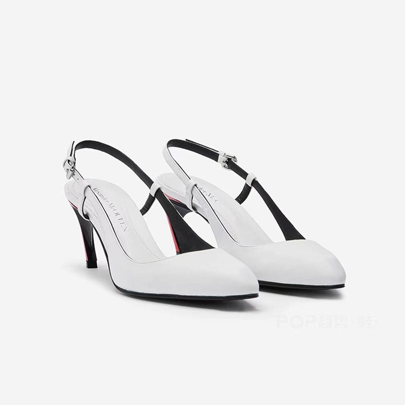 Round head, shallow mouth, slim heel, belt buckle, white sandals  style color blocking irregular high heels