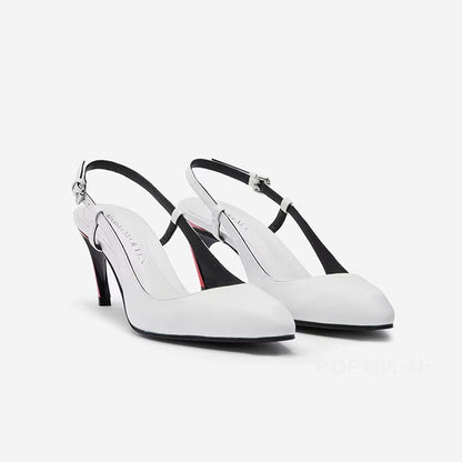 Round head, shallow mouth, slim heel, belt buckle, white sandals  style color blocking irregular high heels